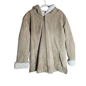St John's Bay washable suede coat, faux fur lined sx XL hooded tan boho cowgirl